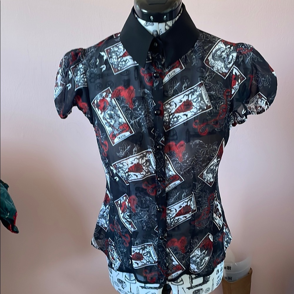 Hell Bunny Gothic Black and Red Tarot Print Blouse with Contrast Collar